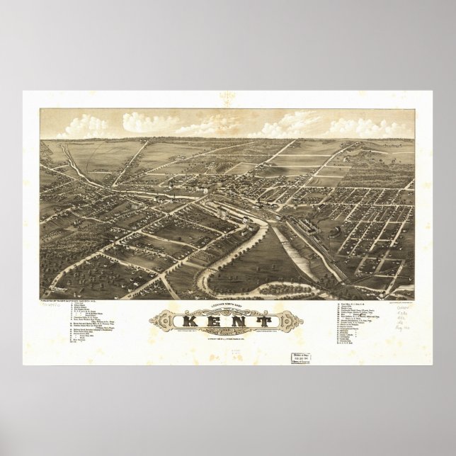 Póster Mapa Panorâmico Antiquado de Kent Ohio 1882 (Frente)