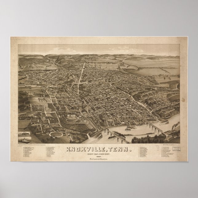 Póster Mapa Panorâmico Antiquado de Knoxville Tennessee 1 (Frente)