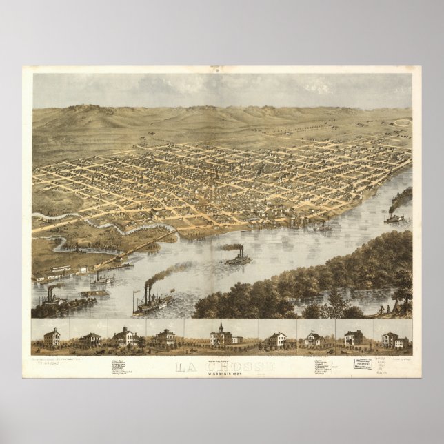 Póster Mapa Panorâmico Antiquado de La Crosse WI 1867 (Frente)