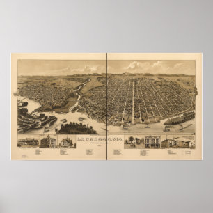 Poster Mapa Panorâmico Antiquado de La Crosse WI 1887