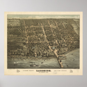 Póster Mapa Panorâmico Antiquado de Lakeside Ohio 1884