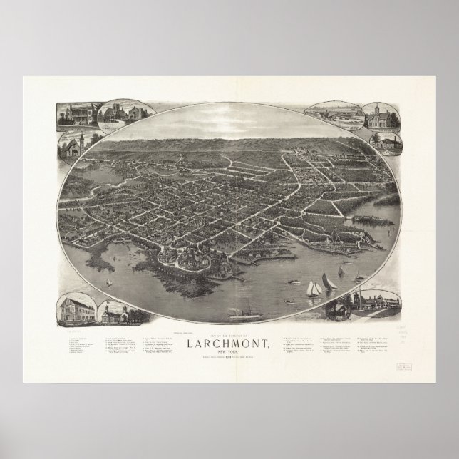 Poster Mapa Panorâmico Antiquado de Larchmont Nova Iorque (Frente)