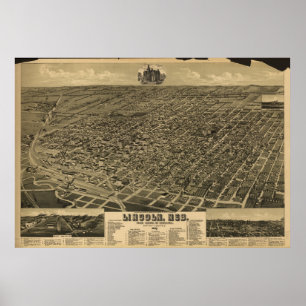 Poster Mapa Panorâmico Antiquado de Lincoln Nebraska 1889
