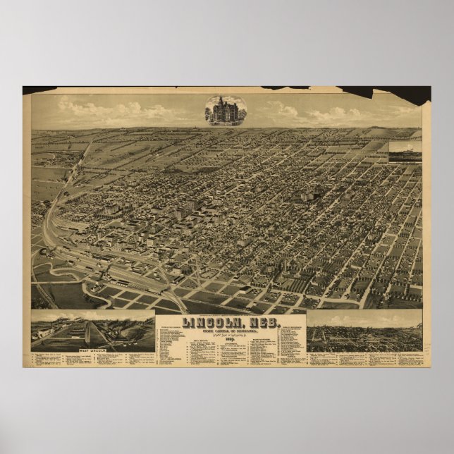 Poster Mapa Panorâmico Antiquado de Lincoln Nebraska 1889 (Frente)