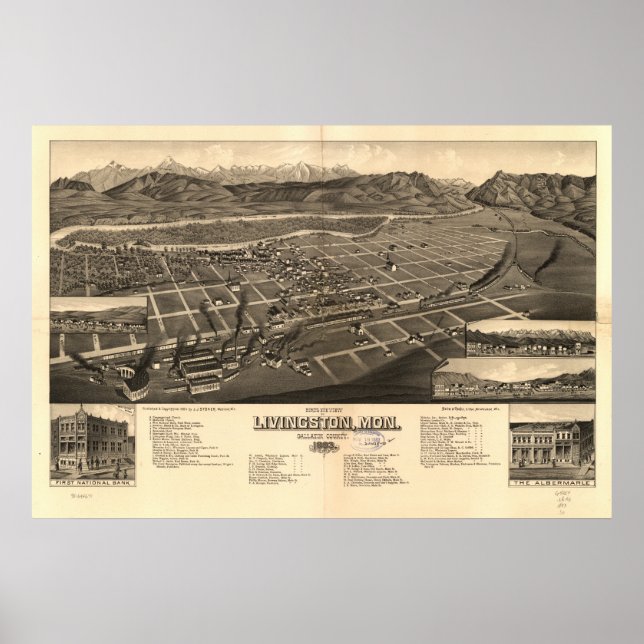 Póster Mapa Panorâmico Antiquado de Livingston Montana 18 (Frente)
