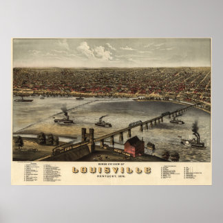 Póster Mapa Panorâmico Antiquado de Louisville Kentucky 1