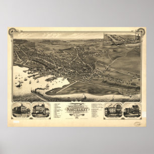 Poster Mapa Panorâmico Antiquado de Massachusetts 1881