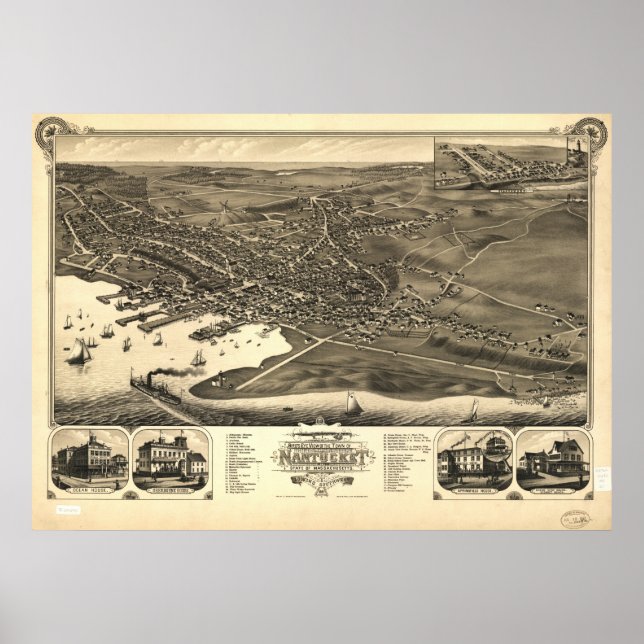 Poster Mapa Panorâmico Antiquado de Massachusetts 1881 (Frente)