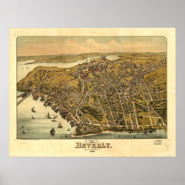 Poster Mapa Panorâmico Antiquado de Massachusetts 1886 (Frente)