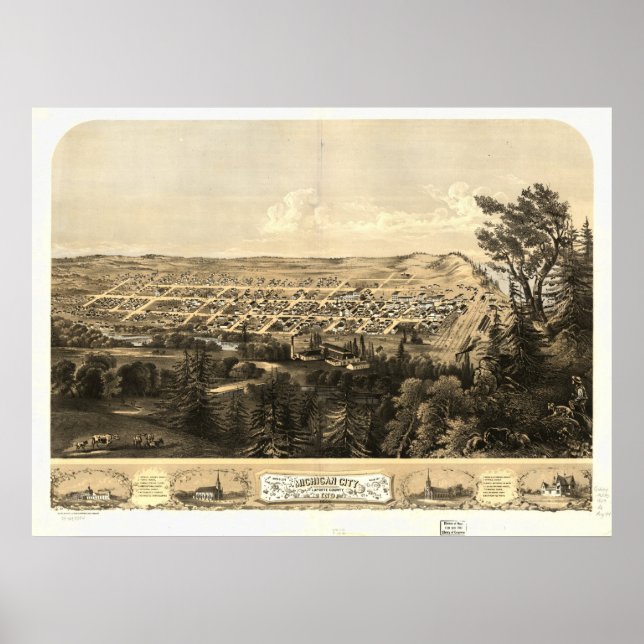 Póster Mapa Panorâmico Antiquado de Michigan City Indiana (Frente)