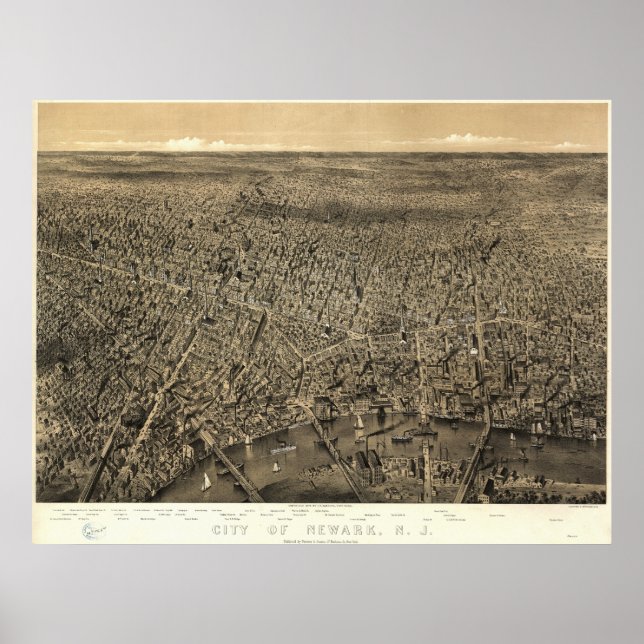 Póster Mapa Panorâmico Antiquado de New Jersey 1874 (Frente)