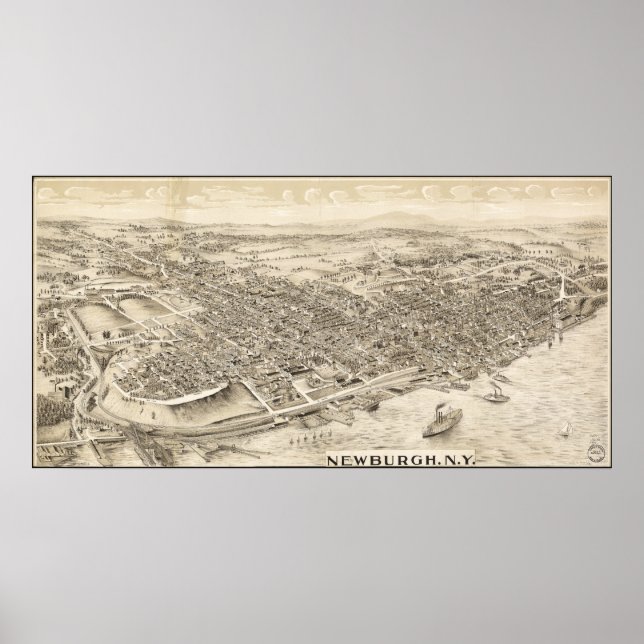Póster Mapa Panorâmico Antiquado de Newburgh Nova York 19 (Frente)