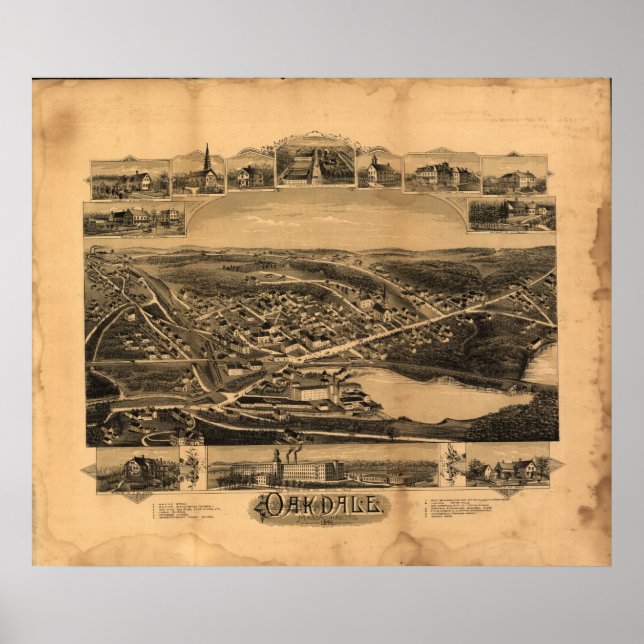 Póster Mapa Panorâmico Antiquado de Oakdale Massachusetts (Frente)