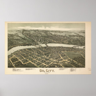 Póster Mapa Panorâmico Antiquado de Oil City Pennsylvania