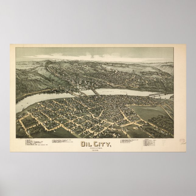 Póster Mapa Panorâmico Antiquado de Oil City Pennsylvania (Frente)