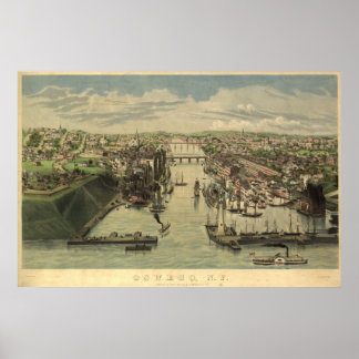 Póster Mapa Panorâmico Antiquado de Oswego Nova Iorque 18