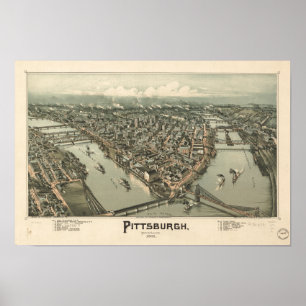 Póster Mapa Panorâmico Antiquado de Pittsburgh Pensilvâni