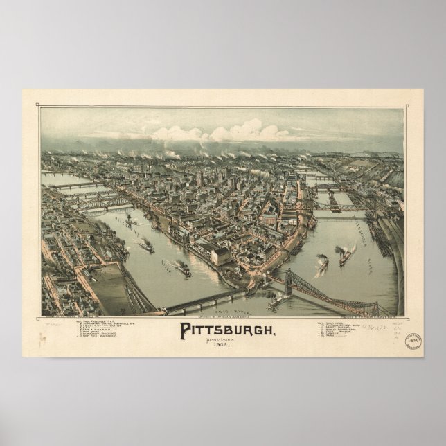 Póster Mapa Panorâmico Antiquado de Pittsburgh Pensilvâni (Frente)