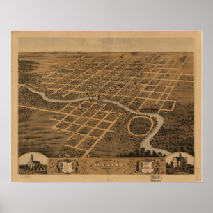 Poster Mapa Panorâmico Antiquado de Pontiac Illinois 1869