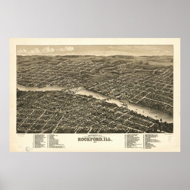 Poster Mapa Panorâmico Antiquado de Rockford Illinois em  (Frente)