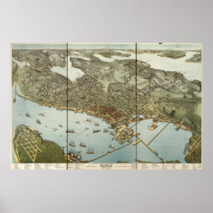 Poster Mapa Panorâmico Antiquado de Seattle Washington 18
