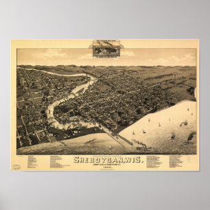 Poster Mapa Panorâmico Antiquado de Sheboygan WI 1885