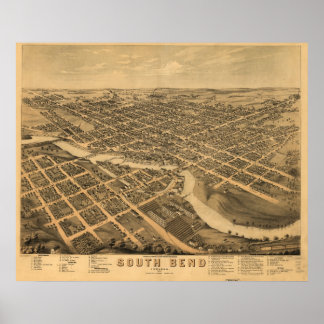 Poster Mapa Panorâmico Antiquado de South Bend Indiana 18