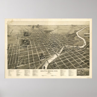 Poster Mapa Panorâmico Antiquado de South Bend Indiana 18