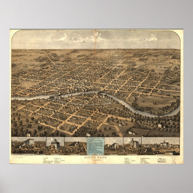 Póster Mapa Panorâmico Antiquado de South Bend Indiana 18 (Frente)