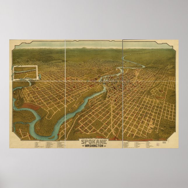 Poster Mapa Panorâmico Antiquado de Spokane Washington 19 (Frente)