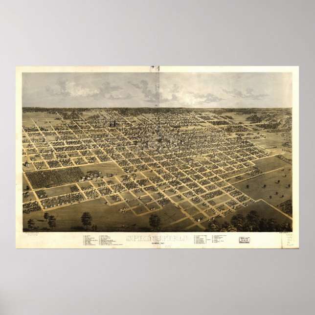 Póster Mapa Panorâmico Antiquado de Springfield Illinois  (Frente)