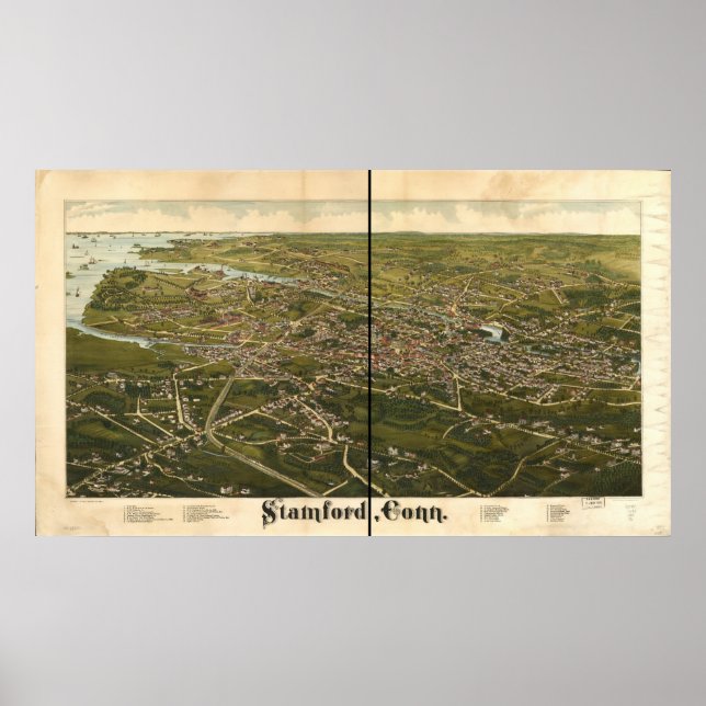 Póster Mapa Panorâmico Antiquado de Stamford Connecticut  (Frente)