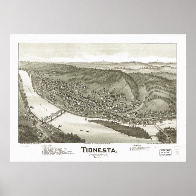 Póster Mapa Panorâmico Antiquado de Tionesta Pennsylvania (Frente)