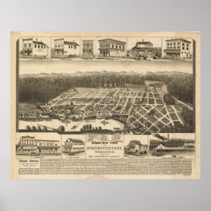 Poster Mapa Panorâmico Antiquado de Washington 1890
