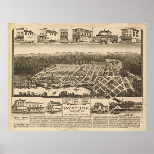 Poster Mapa Panorâmico Antiquado de Washington 1890 (Frente)