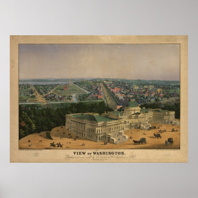 Póster Mapa Panorâmico Antiquado de Washington DC 1852 (Frente)