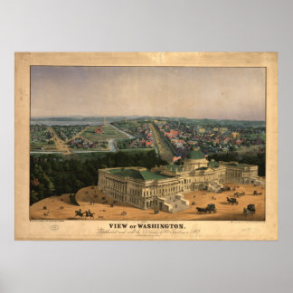 Póster Mapa Panorâmico Antiquado de Washington DC 1852