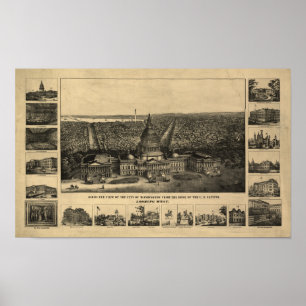 Poster Mapa Panorâmico Antiquado de Washington DC 1860