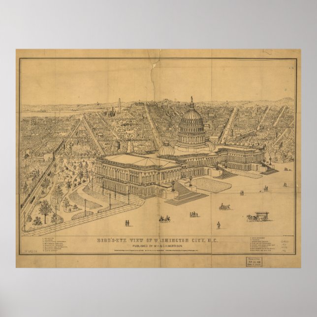 Poster Mapa Panorâmico Antiquado de Washington DC 1872 (Frente)