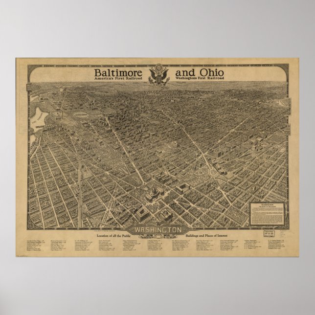 Poster Mapa Panorâmico Antiquado de Washington DC 1923 (Frente)