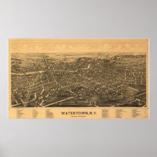 Póster Mapa Panorâmico Antiquado de Watertown New York 18