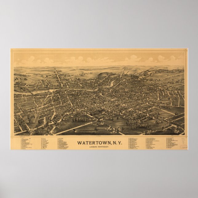 Póster Mapa Panorâmico Antiquado de Watertown New York 18 (Frente)