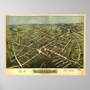 Poster Mapa Panorâmico Antiquado de Westfield Massachuset