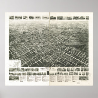 Poster Mapa Panorâmico Antiquado de Westfield New Jersey