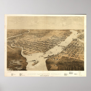 Poster Mapa Panorâmico Antiquado de WI 1867 da Baía Verde