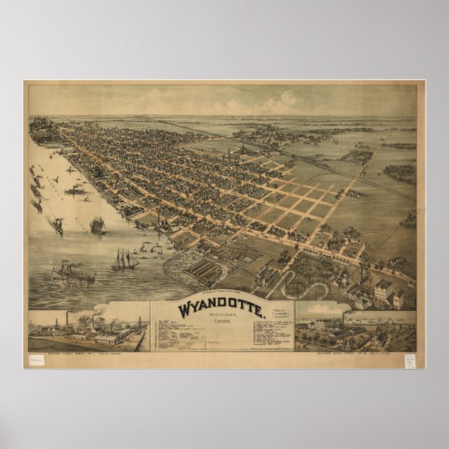 Póster Mapa Panorâmico Antiquado de Wyandotte Michigan 18 (Frente)