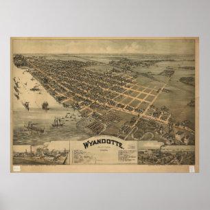 Póster Mapa Panorâmico Antiquado de Wyandotte Michigan 18