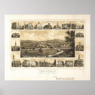 Poster Mapa Panorâmico Antiquado de York Pennsylvania 185