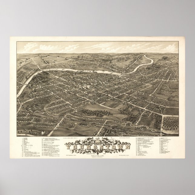 Póster Mapa Panorâmico Antiquado de Youngstown Ohio 1882 (Frente)