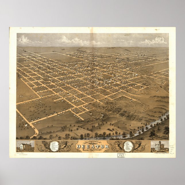 Poster Mapa Panorâmico Antiquado Decatur 1869 Illinois (Frente)